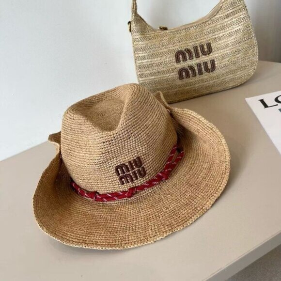 Women Red Accent Miu Miu Hat | Woven Raffia Summer Essential Straw Hat - Picture 3 of 8